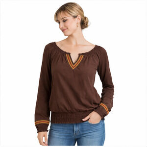 Miley Cyrus Max Azria Peasant Blouse Womens L Brown Boho Embroidered Smocked Hem